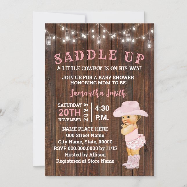Invitación Saddle Up a Little Cowgirl es su camino Baby Showe (Anverso)