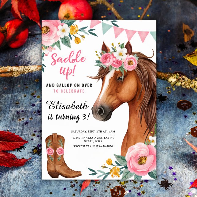 Invitación "Saddle Up" Caballo Floral y Boots de Nova ("Saddle Up" Floral Horse & Cowgirl Boots Birthday Invitation
)