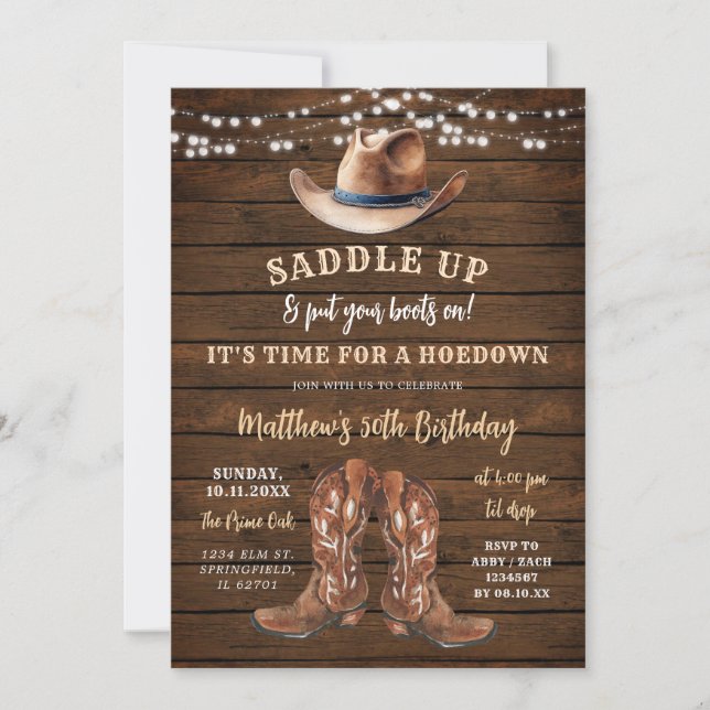 Invitación Saddle Up Cowboy Bota El Amanecer Rústico (Anverso)