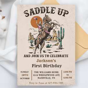 Invitación Saddle Up Fiesta del primer cumpleaños del oeste