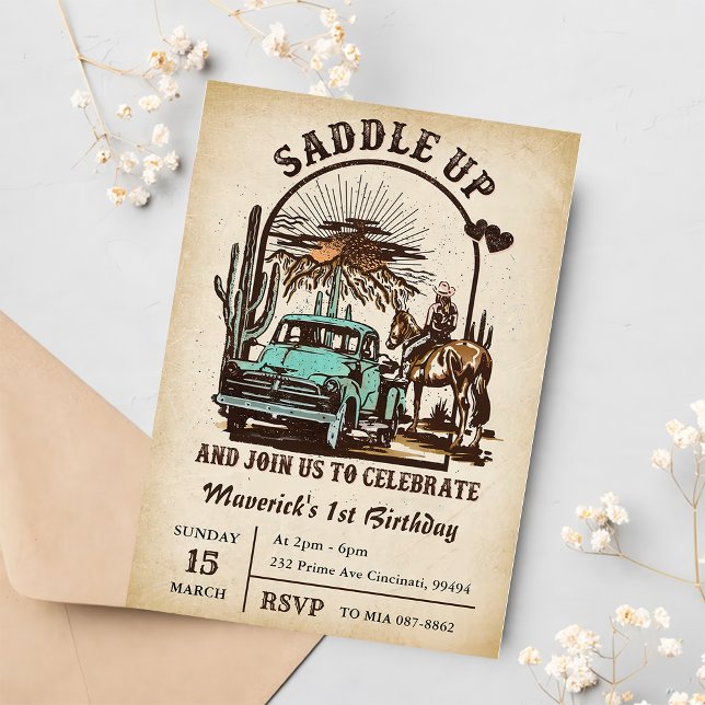 Invitación Saddle Up Fiesta del primer cumpleaños del oeste (Subido por el creador)