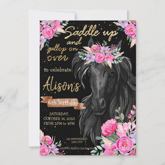 Invitación Saddle Up oro Black Horse Cowgirl Cumpleaños (Anverso)