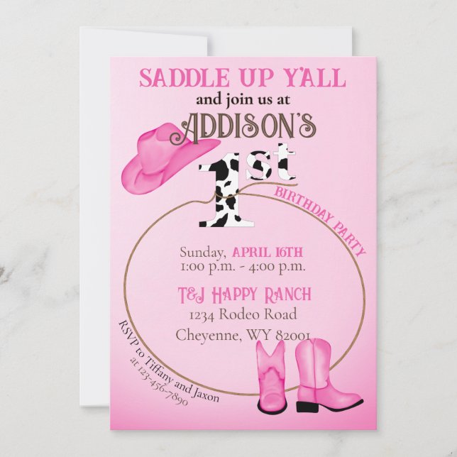 Invitación Saddle Up Primer cumpleaños Gorra de Boots de Cowg (Anverso)