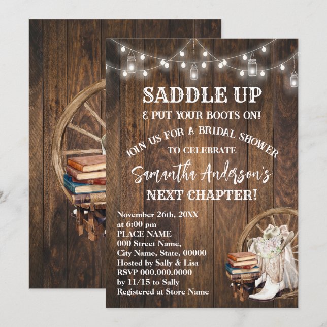 Invitación Saddle Up Put Your Boots & Books Bridal Shower (Anverso / Reverso)