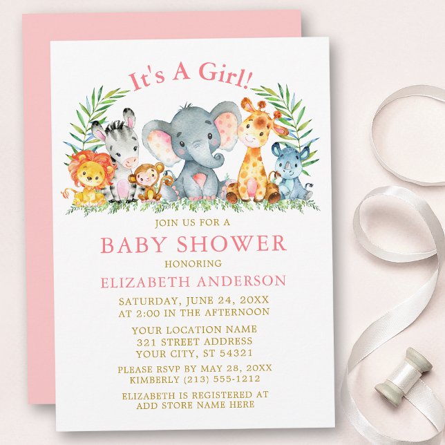 Invitación Safari acuarela Animales Baby Shower de oro rosado (Customize to change text color, size, text style or to change color of back of card.)