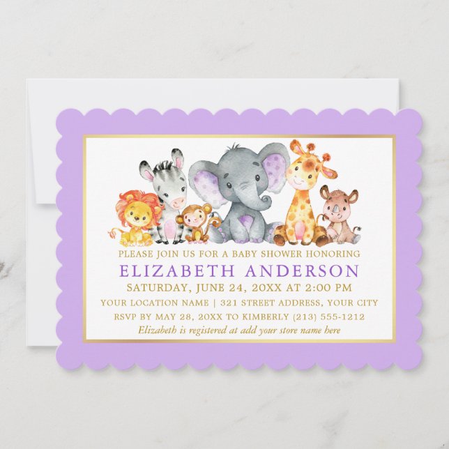 Invitación Safari acuarela Animales Baby Shower Purple Gold (Anverso)