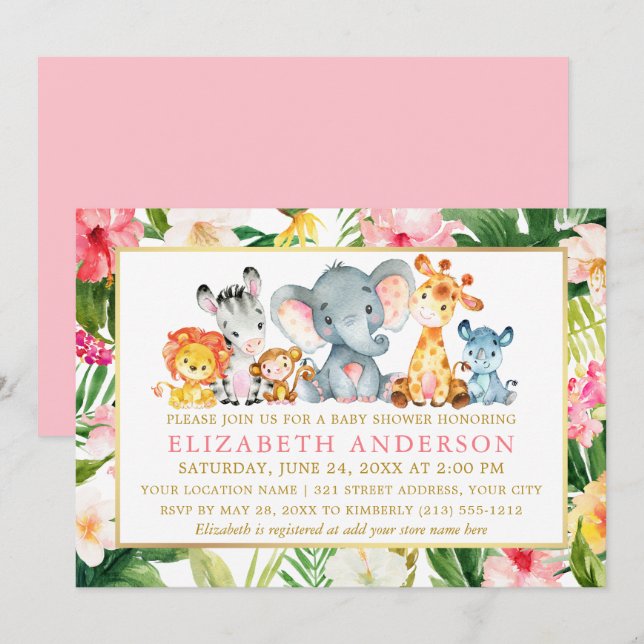 Invitación Safari acuarela Animales Baby Shower tropical (Anverso / Reverso)