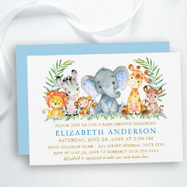 Invitación Safari acuarela Animales Blue Gold Baby Shower