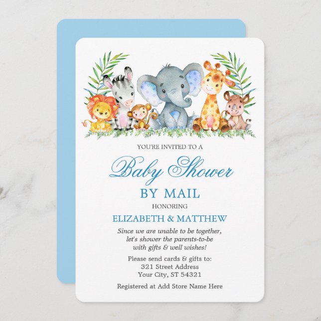 Invitación Safari acuarela Animales ducha azul por correo (Anverso / Reverso)