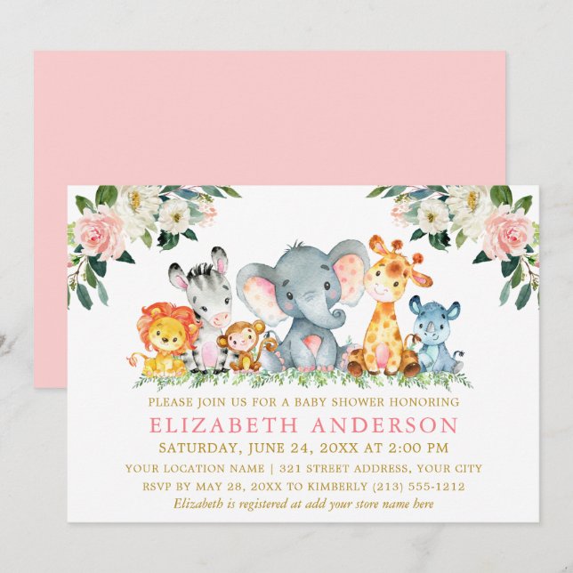 Invitación Safari acuarela Animales Ducha dorada rosada flora (Anverso / Reverso)