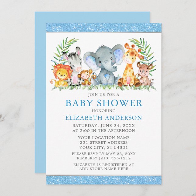 Invitación Safari acuarela Animales Ducha Purpurina Azul (Anverso / Reverso)