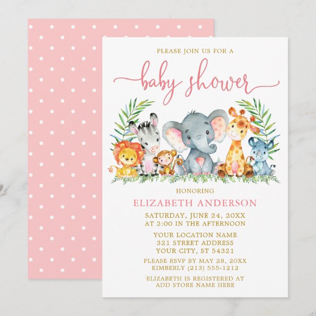 Invitación Safari acuarela Animales Duermen Dorado con guión  (Anverso / Reverso)