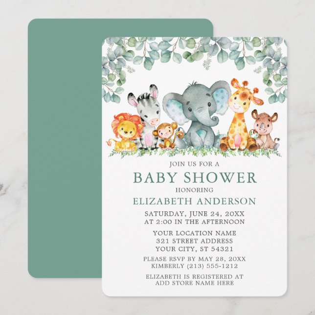 Invitación Safari acuarela Animales Eucalyptus Baby Shower (Anverso / Reverso)