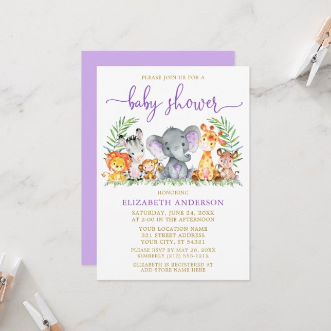 Invitación Safari acuarela Animales Morple Shower Gold (Anverso/Reverso In Situ)