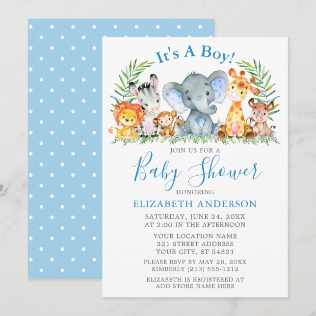 Invitación Safari acuarela Animales Polka Dots Blue Shower (Anverso / Reverso)