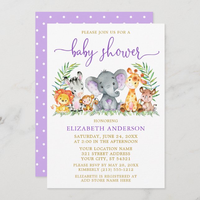Invitación Safari acuarela Animales Purple Baby Shower Gold (Anverso / Reverso)