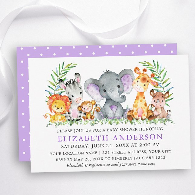 Invitación Safari acuarela Animales Violet Dots Baby Shower (Customize to change text color, size or text style.)