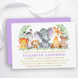 Invitación Safari acuarela Animales Violet Gold Baby Shower