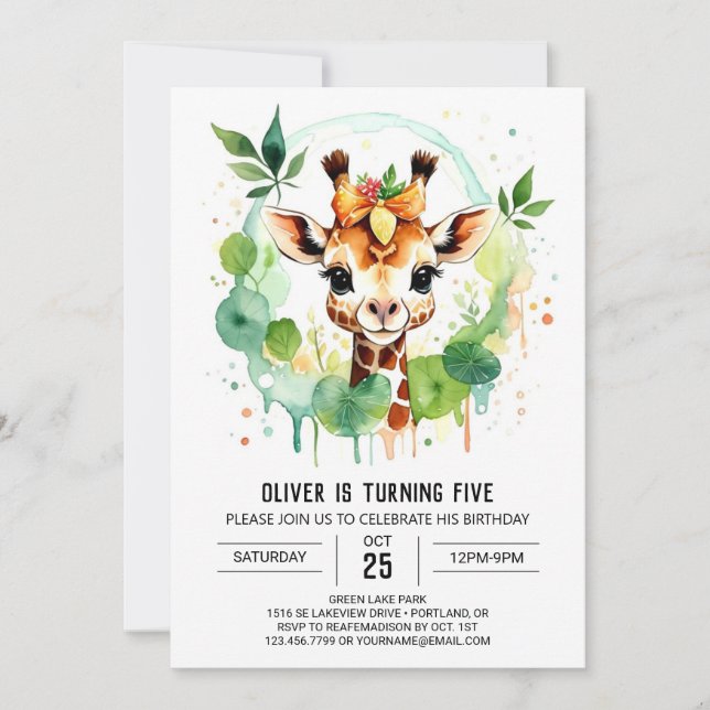 Invitación Safari Adventure Giraffe Cumpleaños (Anverso)
