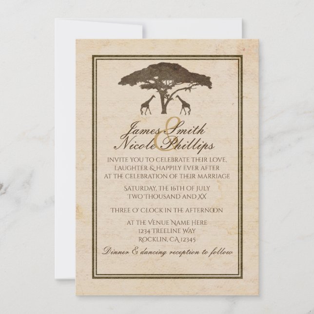 Invitación Safari africano dos jirafas y una vieja boda de ár (Anverso)