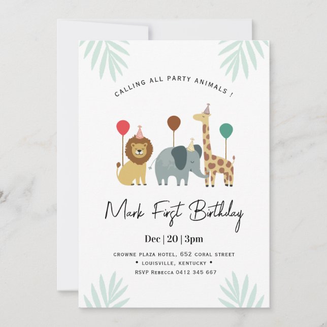 Invitación Safari Animal 1st  Birthday Party  (Anverso)