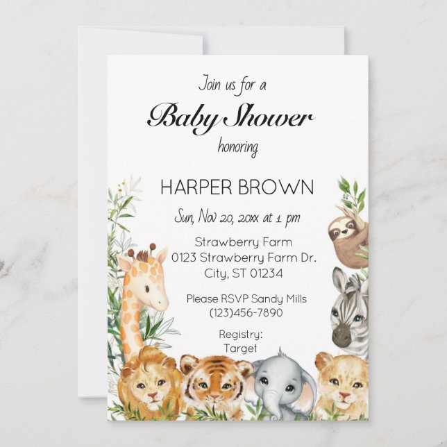 Invitación Safari animal baby shower  (Anverso)