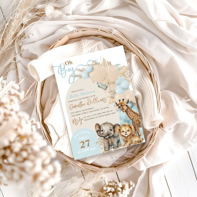 Invitación Safari Animal Boho Blue Balloon Boy Baby Shower (Subido por el creador)