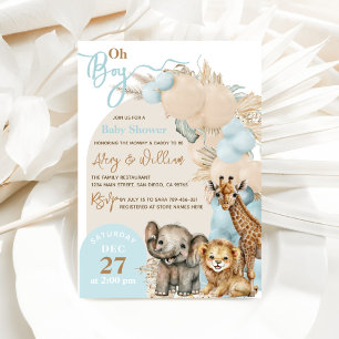 Invitación Safari Animal Boho Blue Balloon Boy Baby Shower
