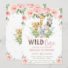 Invitación Safari animal de la jungla Floral rosa Primer cump