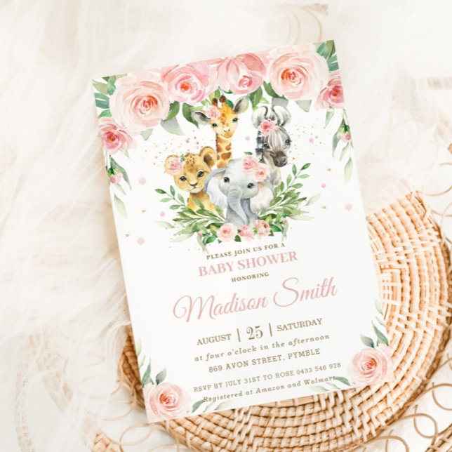 Invitación Safari animal de la jungla Rubor rosa Floral Baby  (Subido por el creador)