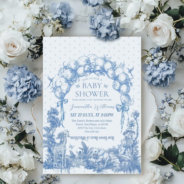 Invitación Safari Animal Dusty Blue Toile Baby Shower (Subido por el creador)