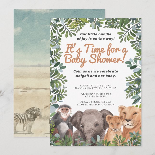 Invitación Safari Animal , Elefante, Monkey Green Baby Shower (Anverso / Reverso)