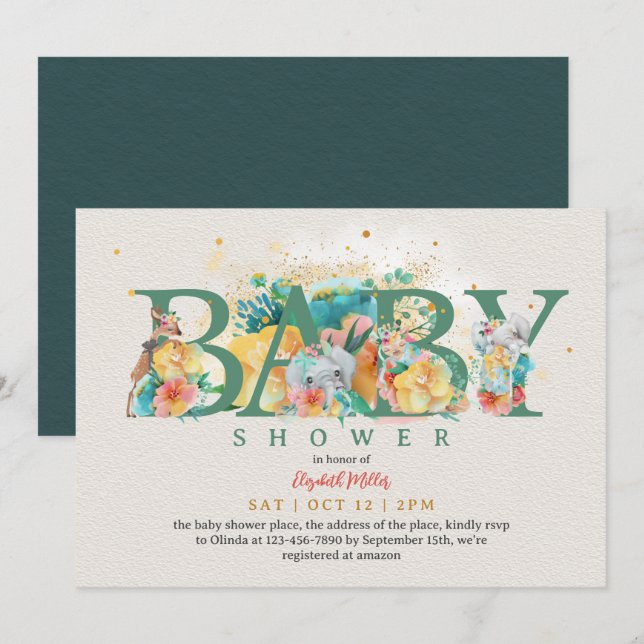 Invitación Safari Animal Elephant Giraffe Baby Shower (Anverso / Reverso)