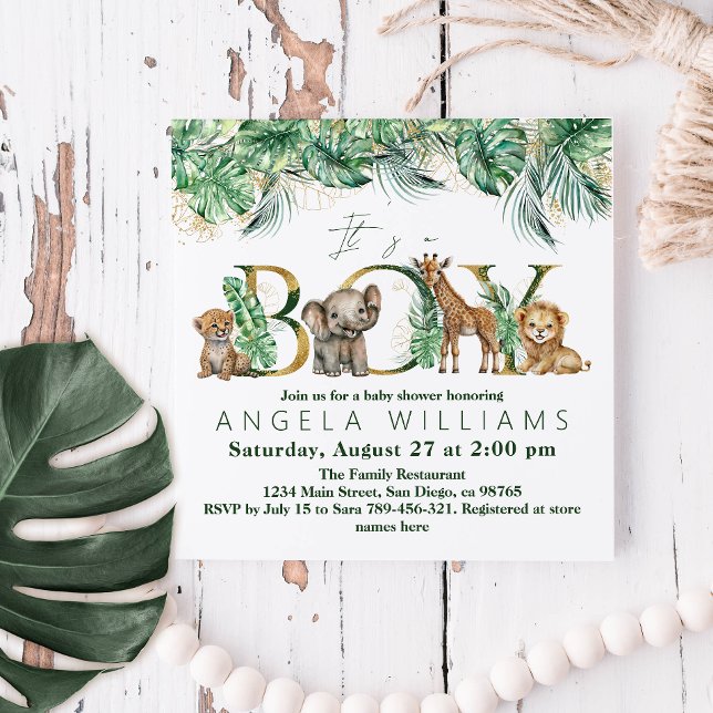 Invitación Safari Animal Jungle Green & Gold boy Baby Shower (Subido por el creador)