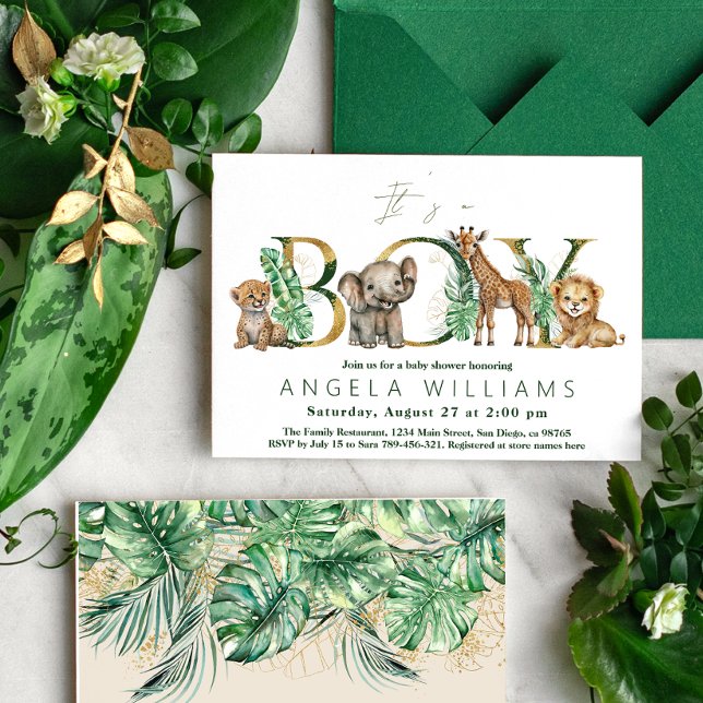 Invitación Safari Animal Jungle Green & Gold boy Baby Shower (Subido por el creador)