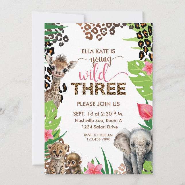 Invitación Safari animal tercer cumpleaños, joven silvestre y (Anverso)
