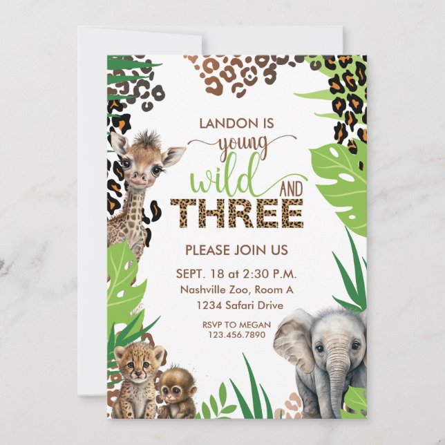 Invitación Safari animal tercer cumpleaños, joven silvestre y (Anverso)