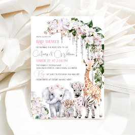 Invitación Safari Animal Tropical Flor Rosa Baby Shower