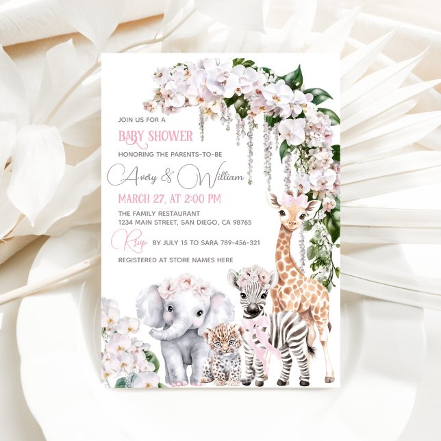Invitación Safari Animal Tropical Flor Rosa Baby Shower (Subido por el creador)
