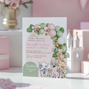 Invitación Safari Animal Tropical Green Pink Baby Shower