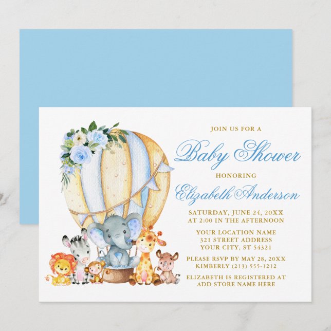 Invitación Safari Animales Blue Floral Air Balloon Baby Showe (Anverso / Reverso)