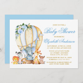 Invitación Safari Animales Blue Floral Air Balloon Baby Showe