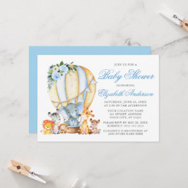 Invitación Safari Animales Floral Air Balloon Blue Baby Showe
