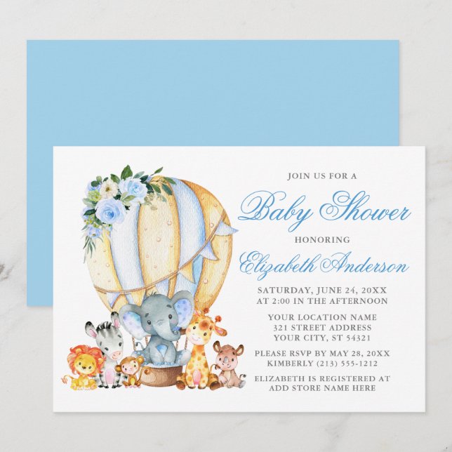 Invitación Safari Animales Floral Air Balloon Blue Baby Showe (Anverso / Reverso)