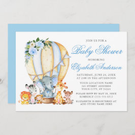 Invitación Safari Animales Floral Air Balloon Blue Baby Showe