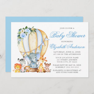 Invitación Safari Animales Floral Air Balloon Blue Baby Showe