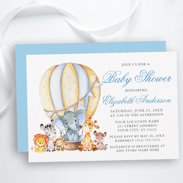 Invitación Safari Animales globo de aire Baby Shower Plata az (Customize to change text color, size, text style or change color of back of card.)