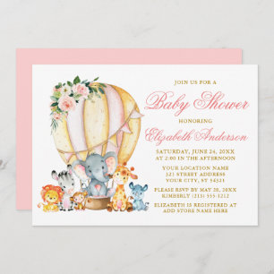 Invitación Safari Animales Pink Floral Air Balloon Baby Showe