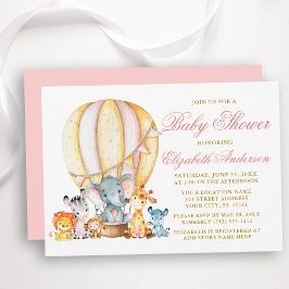 Invitación Safari Animales Pink Hot Air Balloon Baby Shower