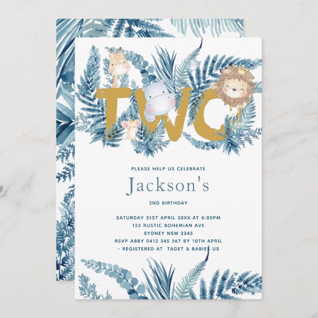 Invitación Safari Animales Segundo Cumpleaños (Anverso / Reverso)